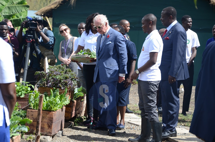 King Charles III with Prime Cabinet Secretary Musalia Mudavadi during a tour of the urban farming project at Mama Lucy Kibaki Hospital on October 31, 2023.