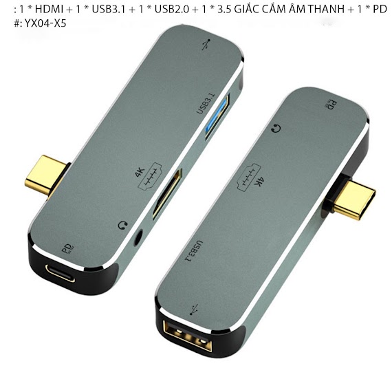 Cổng Chuyển Đổi Đa Năng Hub Type - C To 5 In 1 Hỗ Trợ Hdmi 4K X3 - X5, Jack 3.5Mm Usb 3.1 Sạc Pd 100W