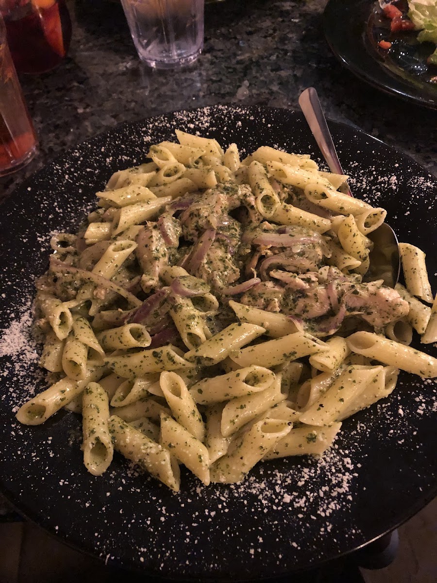 Pasta Creation: GF penne, pesto, & purple onion