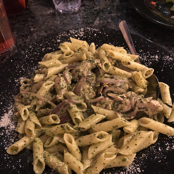 Pasta Creation: GF penne, pesto, & purple onion