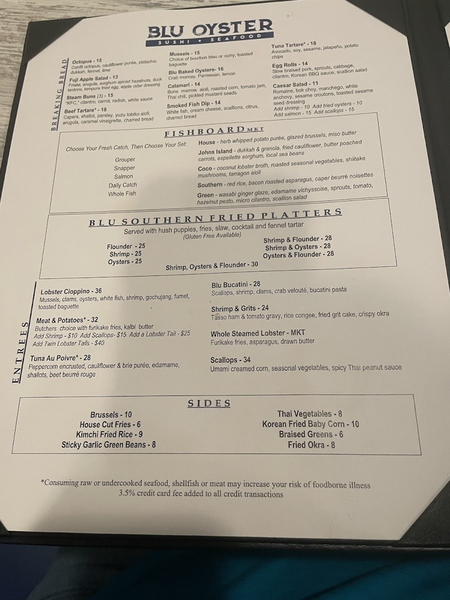 Blu Oyster Sushi & Seafood gluten-free menu