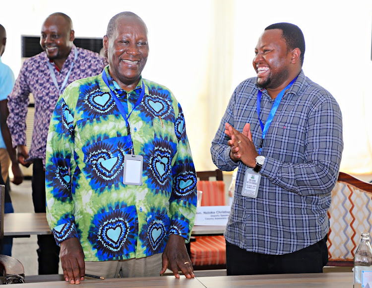 Kitui Governor Julius Malombe and Kitui assembly speaker Kevin Katisya at the start of the bonding and consultative sessio at a Mombasa hotel on Monday, December 11, 2023.