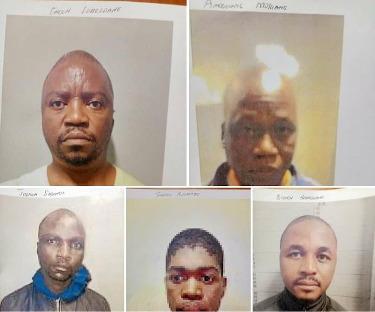 From top left, Enoch Lebeloane, Amogelang Motsiane, Joshua Sibanda, Tshepiso Kwenampe and Bengu Hlanganane allegedly overpowered a police officer at Zeerust police station holding cells, took cells key from the member and escaped.
