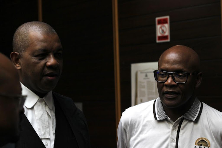 Jacob Zuma's lawyer, Adv Dali Mpofu, together with the Jacob Zuma Foundation spokesperson Mzwanele Manyi at the Pietermaritzburg high court representing the former president in his absentia.