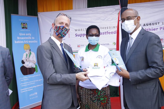 Dr Yaron Wolman, chief of health Unicef Kenya and Health CAS Rashid Aman mark World Breastfeeding Week at Afya House, Nairobi, on August 6, 2020.