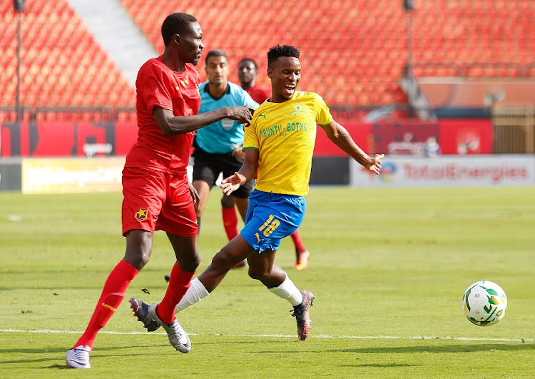 Themba Zwane of Mamelodi Sundowns challenges for possession in the Caf Champions League Group A match against Al Merrikh at Al Salam Stadium in Cairo, Egypt on February 19 2022.