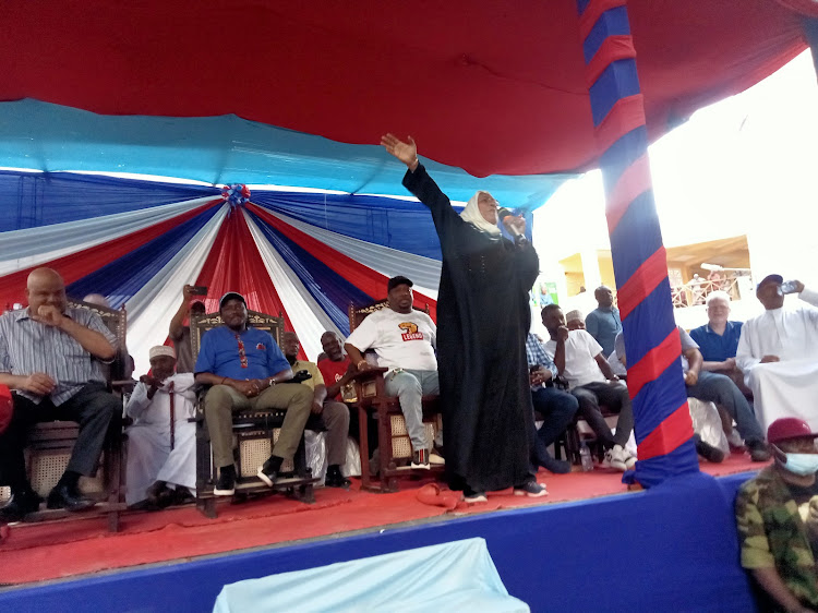 Wiper secretary general Shakilla Abdalla Shakilla Abdalla during an Azimio rally at the Mkunguni Square in Lamu Island on Saturday, July 23.