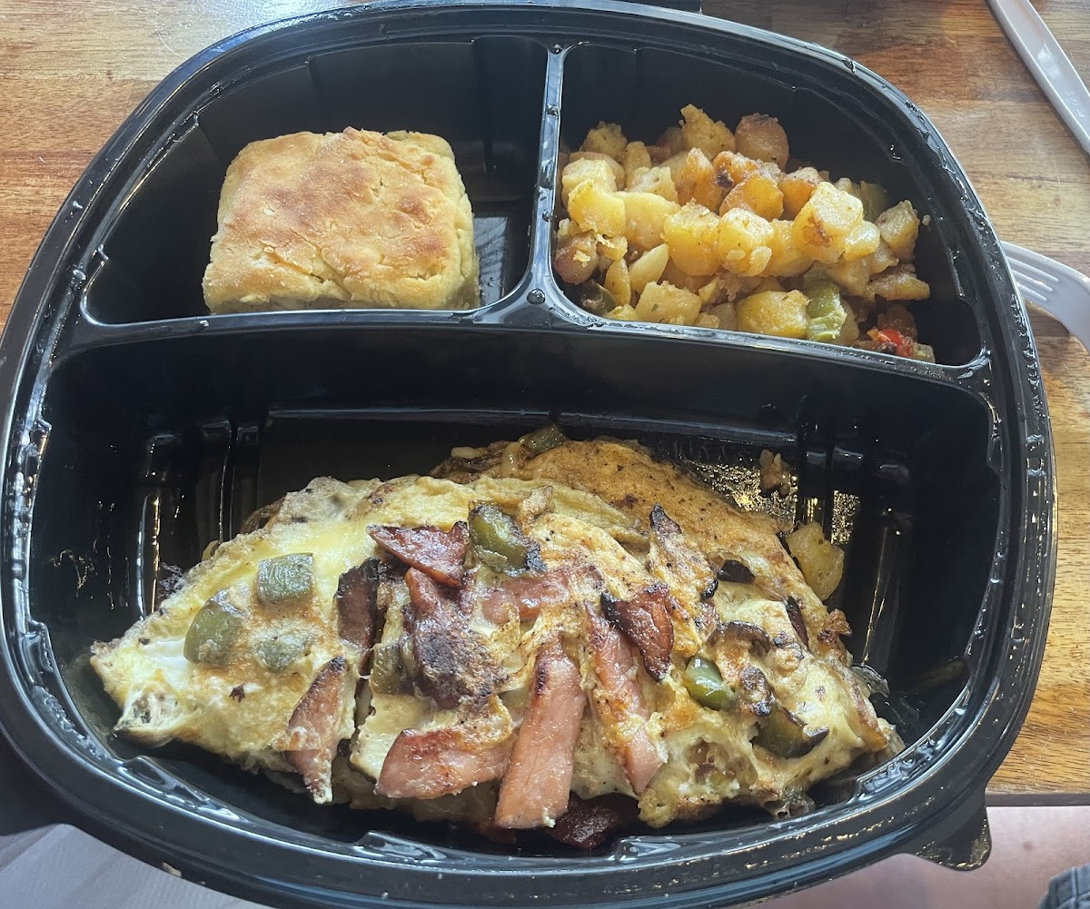 Omelet, GF Biscuit, Home Fries