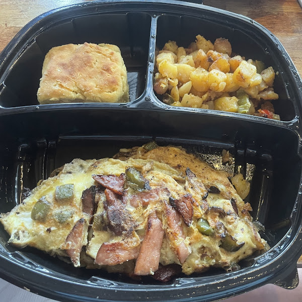 Omelet, GF Biscuit, Home Fries