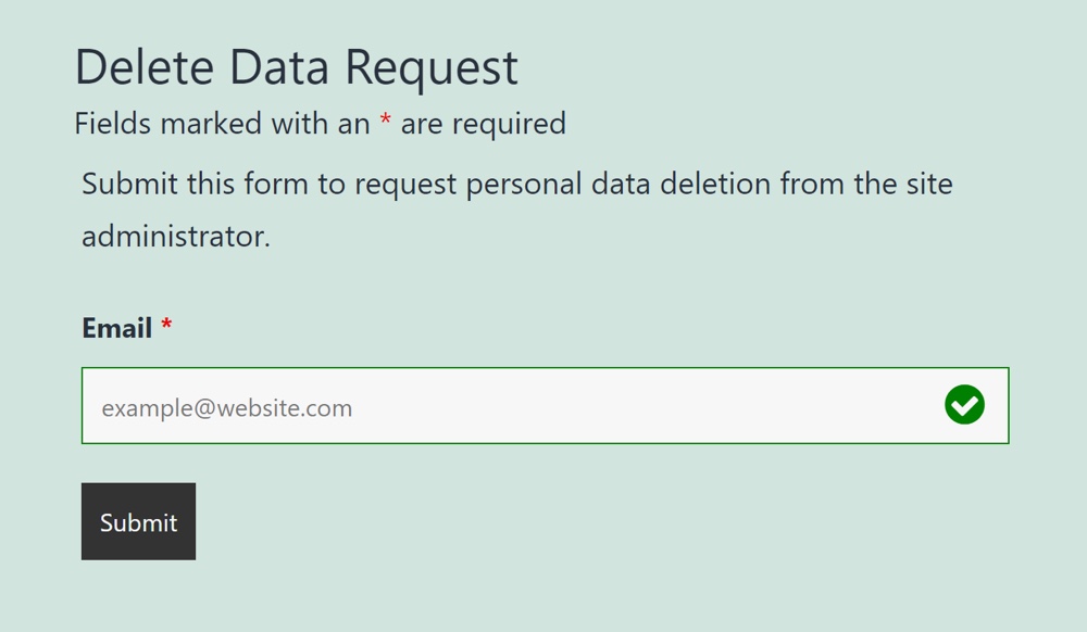 Formulário de solicitação de exclusão de dados de front-end