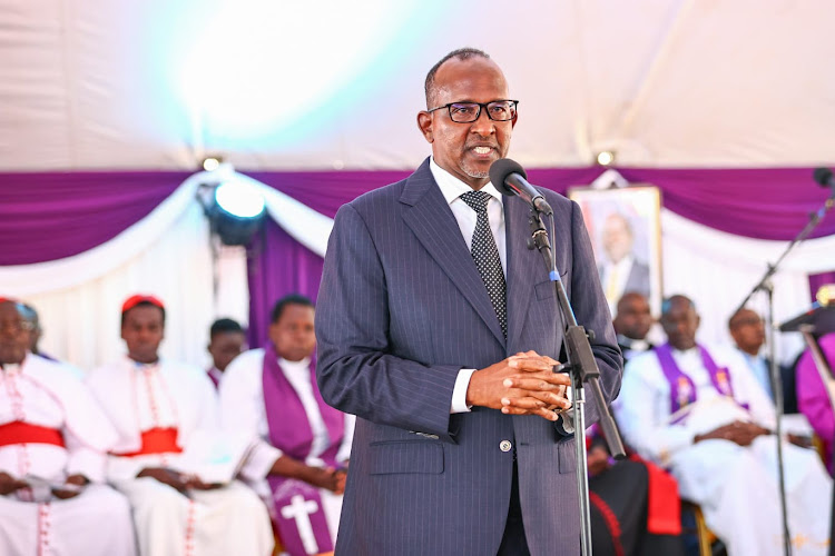 Defence CS Aden Duale addressing mourners during the funeral service of General Francis Omondi Ogolla held at Senator Obama K'Ogello Primary school in Siaya on Sunday, April 21, 2024.