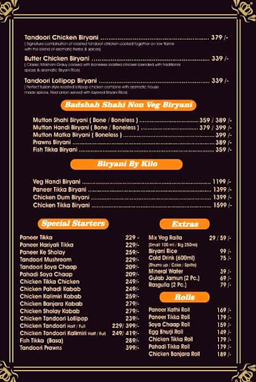 Badshah Biryani menu 