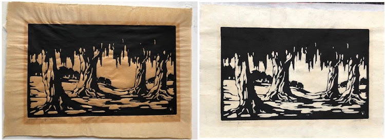 A water-damaged Pierneef woodcut before and and after it has been repaired.