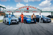 From left to right: Lerato Matebese and the Audi RS3, Mandla Mdakane, Morgan Naidu and the BMW M2, Bruce Fraser and the Mercedes-AMG A45.