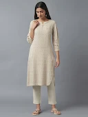 W Beige Striped Straight Kurta