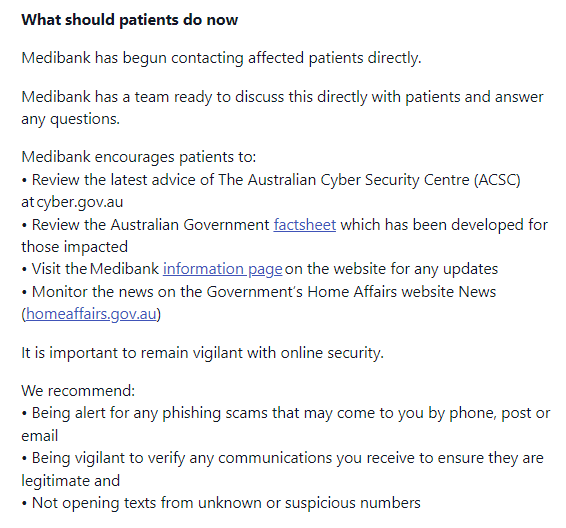 List of precautions provided by Medibank after cyber attack