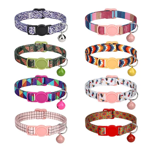 Nylon Cat Collar Quick Release Cat Collars Safety Kitten Puppy Collars Print Necklace With Bell Adjustable Cats Accessor