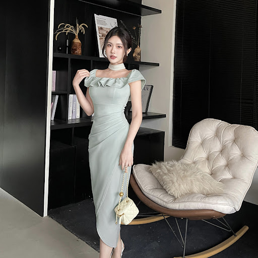 Title 6, Off-shoulder Ruffled Waist Pleated Slit Dress