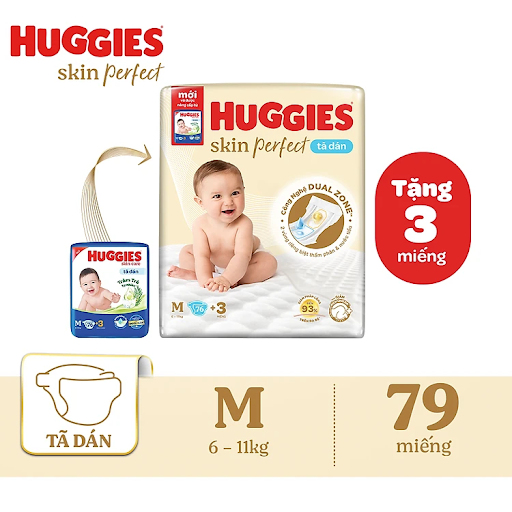 Tã-bỉm dán sơ sinh Huggies Skin Perfect M 76 (5-10kg) + Tặng 3 miếng