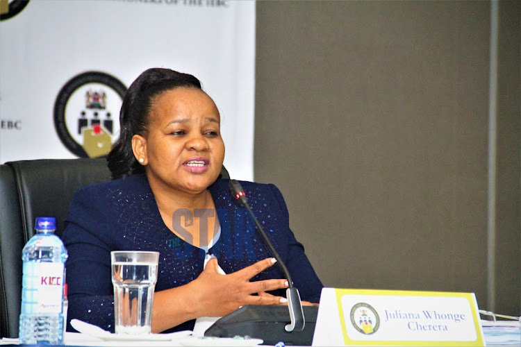 IEBC commissioner job candidate Juliana Cherera before the selection panel at KICC on July.14,.2021.