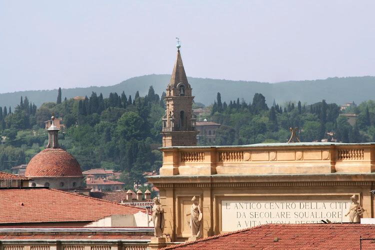 A closeup of centuries-old buildings in Florence, Italy. 