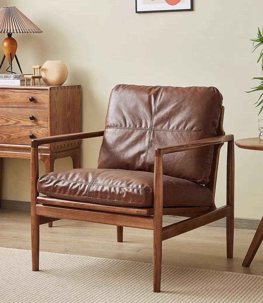 1-seater sofa with ash wood frame and brown leatherette cushions