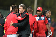 Free State Stars head coach Luc Eymael celebrates with players during the Absa Premiership match against Bidvest Wits at Bidvest Stadium on January 05, 2018 in Johannesburg, South Africa. 