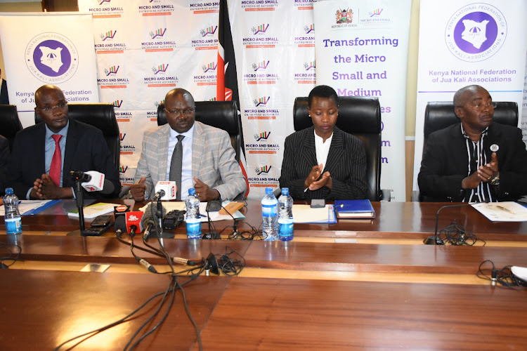 MSEA director general and CEO Henry Rithaa, CS Cooperatives and Micro and Small Enterprises Simon Chelugui, MSMEs PS Susan Mang'eni and MSEA Chairman James Mureu during the launch of the countrywide sensitization, registration drive of MSME sector