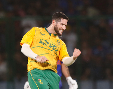 SA all-rounder Wayne Parnell celebrates the wicket of Ruturaj Gaikwad of India during the 1st T20 match at the Arun Jaitley Stadium on June 09, 2022 in Delhi, India.