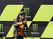 Red Bull KTM Factory Racing's Brad Binder celebrates winning his first MotoGP race at the Czech Republic Grand Prix at the Masaryk Circuit, Brno, on August 9 2020. 