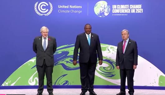 President Uhuru Kenyatta with UK Prime Minister Boris Johnson and UN Secretary General António Guterres at the the UN Climate Change Conference held in Glasgow.