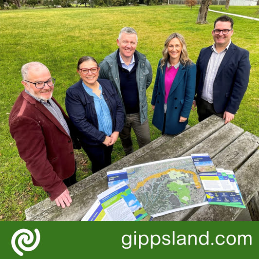 Making connections, from left, Gippsland Climate Change Network Chief Executive Officer Darren McCubbin, AusNet Services Director G-REZ Lily Habib, AusNet Services General Manager Infrastructure Damien Sandford, Ausnet Manager Stakeholder and Community Engagement Renee Kurowski and Committee for Gippsland CEO Tony Cantwell