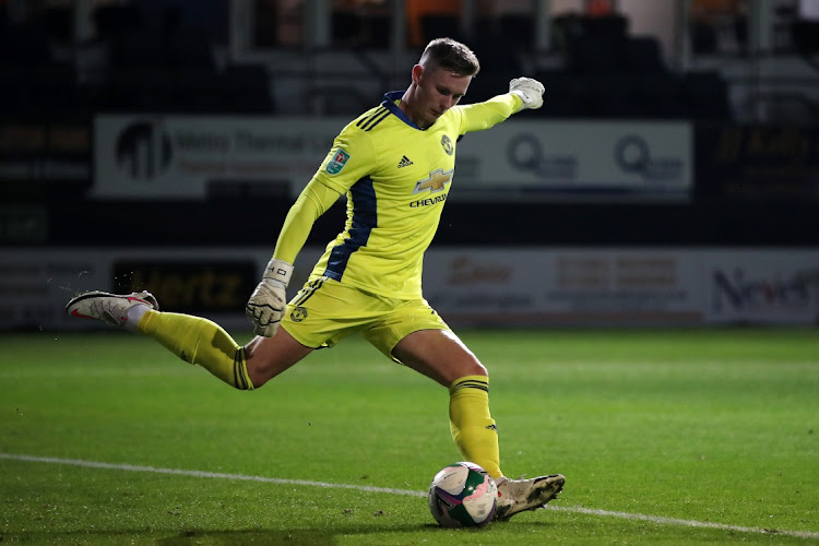 Dean Henderson of Manchester United takes a goal kick during the Carabao Cup third round match against Luton Town at Kenilworth Road in Luton, on September 22, 2020.