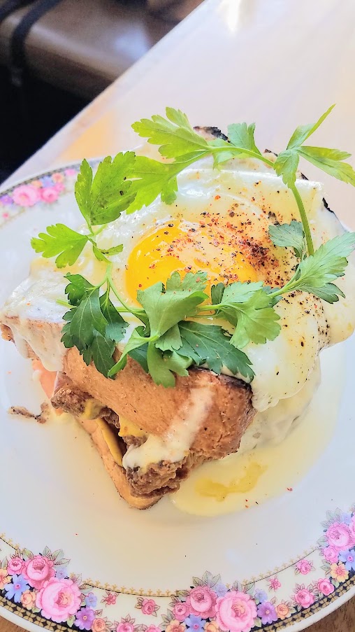 Brunch at St. Jack's: fried chicken croque madame with brioche, gruyere, mornay, and fried egg.