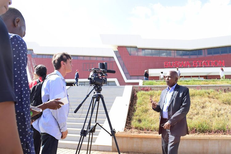 KR Ag. Managing Director, Mr. Philip Mainga, briefing the media on the progress of phase 2A at the completed Suswa station.