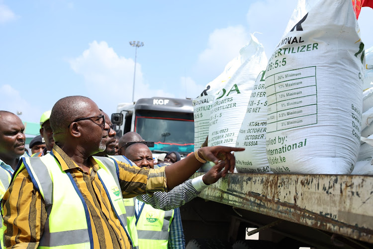 Agriculture Cabinet Secretary Mithika Linturi flags off 45,000 metric tonnes of fertiliser at the port of Mombasa on December 21, 2023.