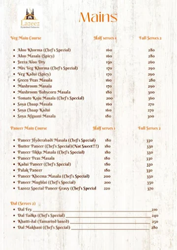 Lazeez By Hyderabadi Delicacies menu 