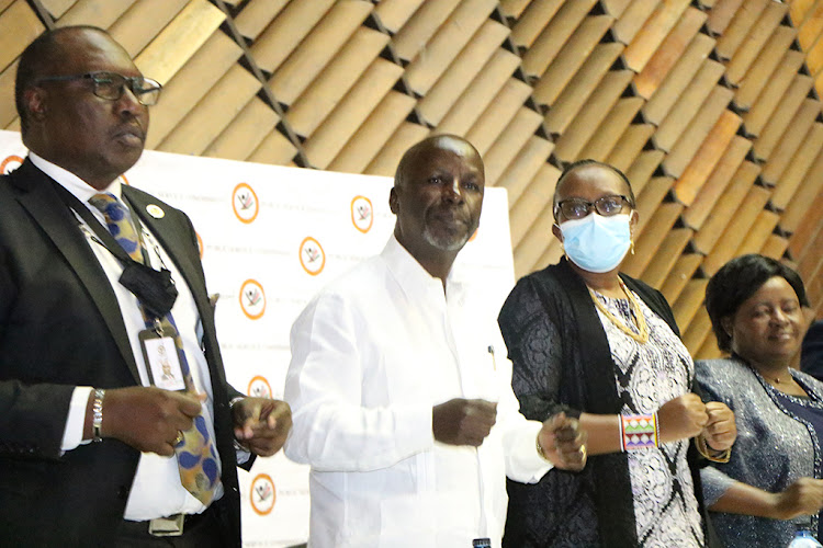 PSC CEO Simon Rotich, chairperson Anthony Muchiri, vice chairperson Charity Kisotu and commissioner Joyce Nyabuti at KICC Nairobi on January 28, 2022.