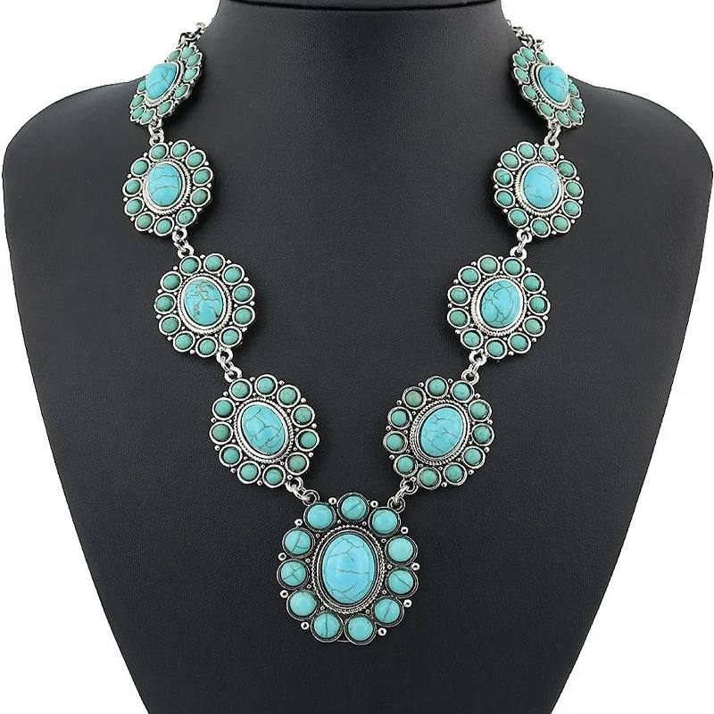 Colar Turquesa de Girassol Estilo Étnico Boho Vintage Europeu Americano Joia Feminina Charmosa
