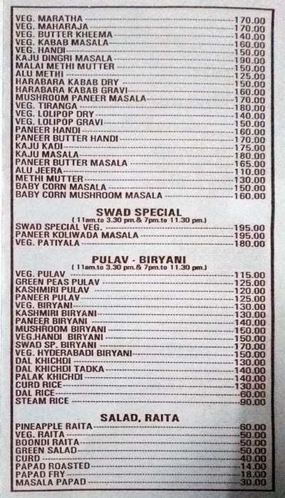 Hotel Swad menu 