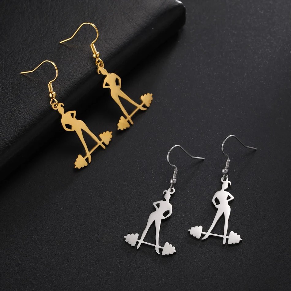 Brincos de aço inoxidável com halteres banhados a ouro 18K que não desbotam, para um visual elegante e duradouro.