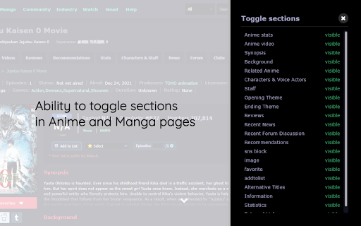 Ability toggle sections Anime and Manga pages 