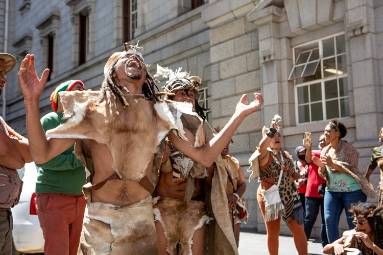 Khoi and San people protest at the high court in Cape Town. Picture: GALLO IMAGES/MISHA JORDAAN