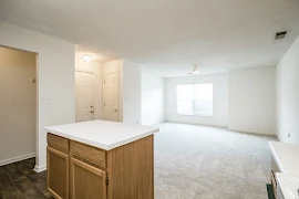 Living room with light carpet and walls adjacent to the kitchen