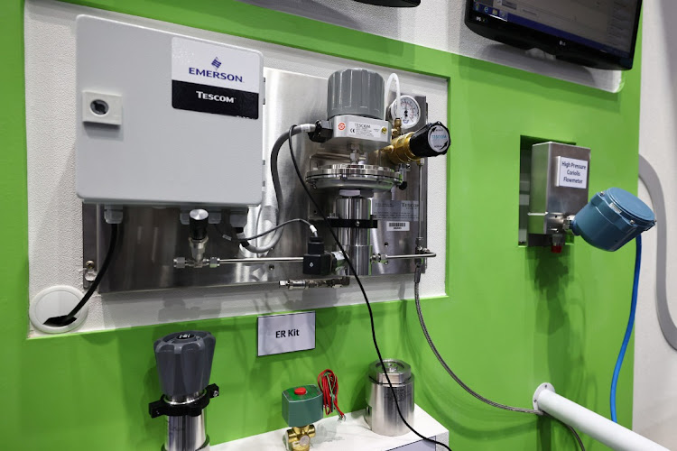 An Emerson Electric Co hydrogen dispenser system is displayed at the 2021 Ulsan International Hydrogen Energy Exhibition & Forum in Ulsan, South Korea. File photo: BLOOMBERG/SEONGJOON CHO