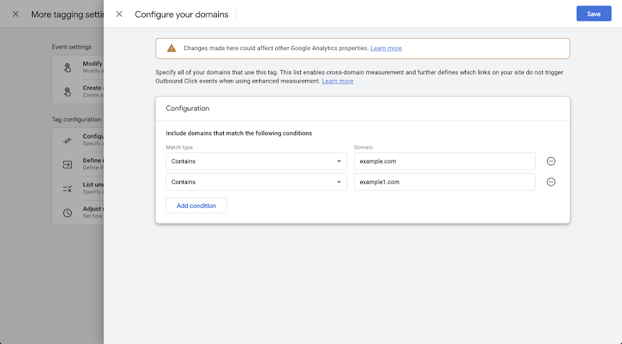 Oberfläche zum Konfigurieren Ihrer Domains