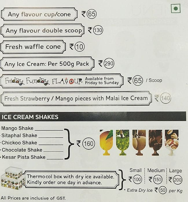 Natural Ice Cream menu 