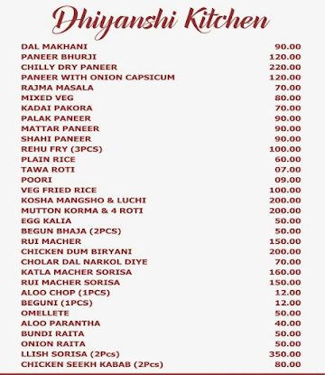 Dhiyanshi Kitchen menu 