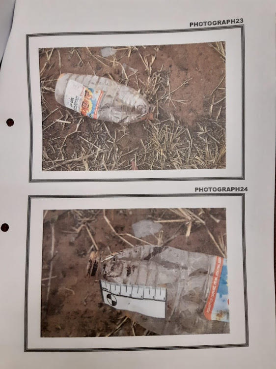 Photographic evidence before the Pietermaritzburg high court of blood samples on a plastic bottle at the scene of an attempted murder in 2014.