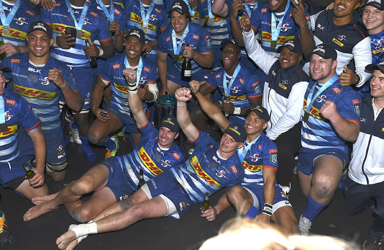 The Stormers celebrate after winning the United Rugby Championship final against the Bulls at Cape Town Stadium in Cape Town on June 18 2022.